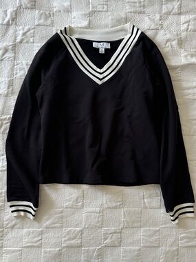 Magaschoni Black V-Neck Pullover with White Trim